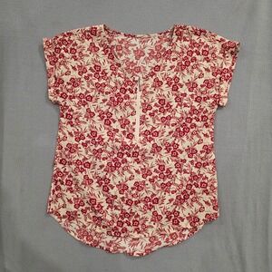Floral Half Zip Blouse Red Cream Short Sleeve V-Neck Workwear Stretch Top L/XL